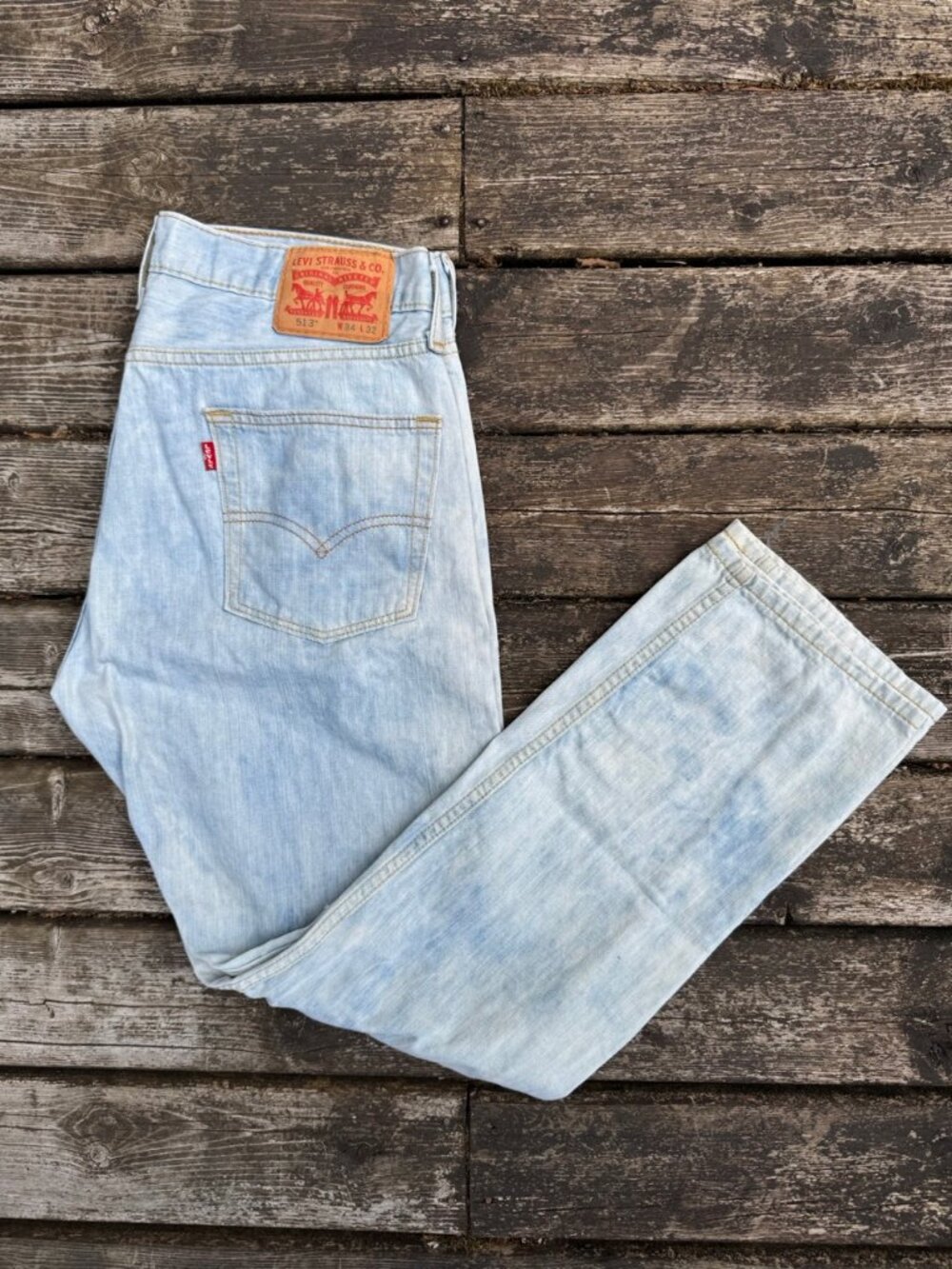 Levi's 513 Slim Straight Jeans Light Wash Denim Bleached & Distressed Mens 34x32